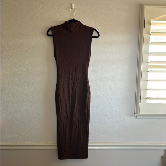 naked wardrobe Dresses & Skirts - Naked Wardrobe Smooth Sleeveless Mock Neck Midi Dress in Chocolate